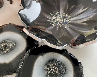 Black and White Resin Coasters and Bowl - Modern Handmade Decor