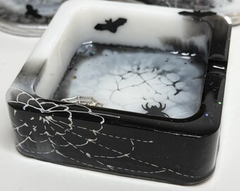 Resin Ashtray - Black White Spiderweb and Bat Handmade Ashtray
