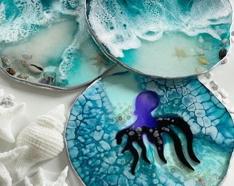 Onderzetters van zeehars met natuurlijke minischelpen – Uniek stranddecoratiecadeau