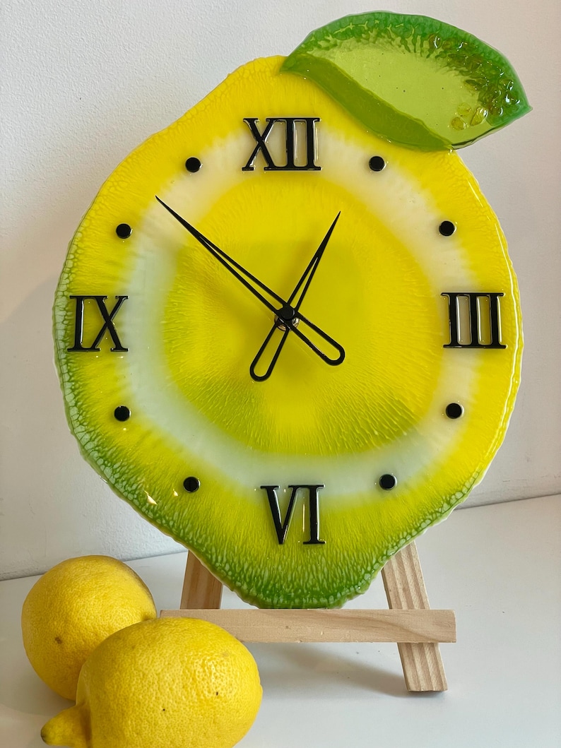 Lemon resin wall clock with black clock face - Bright citrus decor