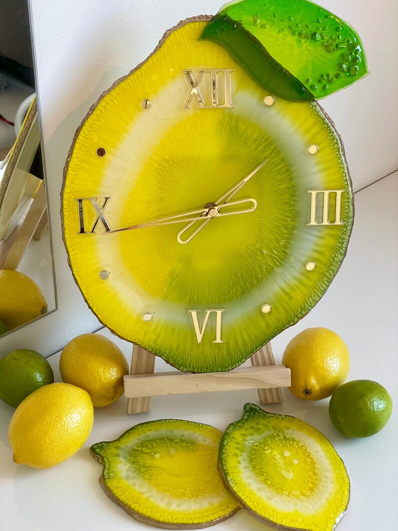 Lemon resin wall clock with lemon resin coasters
