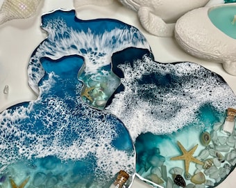 Sea resin coasters with natural mini seashells – Unique Beach Decor Gift