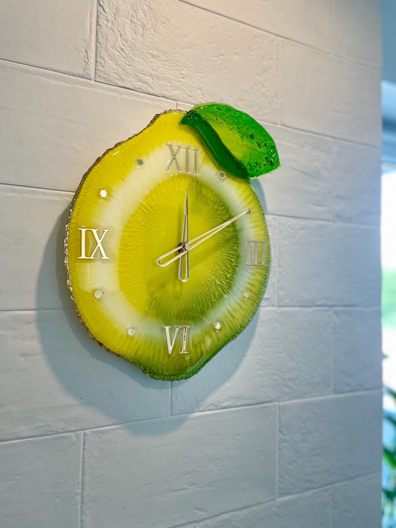Lemon resin wall clock in detail:on the wall