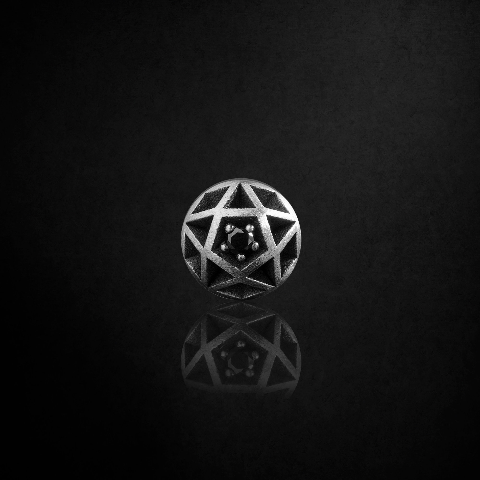 Casablanca, Single Black Diamond and Silver Pentagram Earring for Men. 925k Oxidized Silver Stud Earring. Minimalist Black Diamond for Men