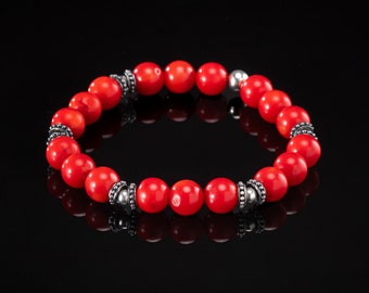 Handmade Red Coral Bracelet: 925k Sterling Silver Accents, Unisex