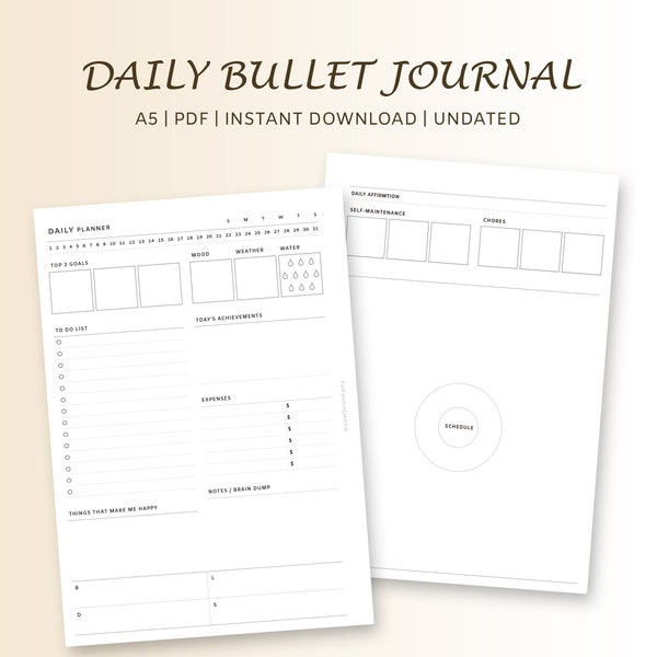 Daily Printable Bullet Journal layout/ Undated Organized planner/Day on 2 Pages/ Inserts/ Template/A5 pdf