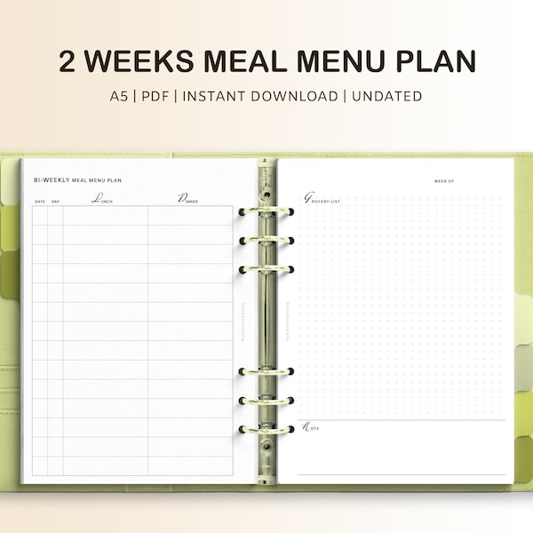 Bi-weekly Minimalistic Bullet Journal Printable Meal Planner with grocery list / template / sheet / meal menu plan/pdf