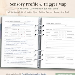 Peut inclure: Une carte de profil sensoriel et de déclencheurs, intitulée "Un manuel d'utilisation personnel pour votre enfant". Le document est conçu pour le traitement sensoriel de l'autisme. Il comprend des sections pour la matrice sensorielle, les déclencheurs connus, les outils apaisants et les observations quotidiennes.