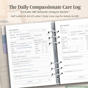 Op de afbeelding: Een dagelijks, meelevend zorglogboek voor autisme en ASS, met een ABC-gedragsanalyse-sectie. Het logboek bevat secties voor gemoedstoestand, biometrie, sensorische gevoeligheid en gedragsanalyse. Het logboek is open op een pagina met vermeldingen.