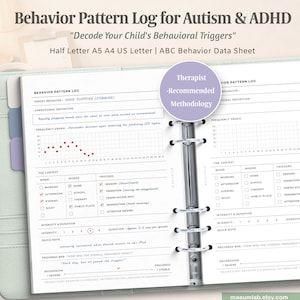 Op de afbeelding: Een gedragspatroonlogboek voor autisme en ADHD, ontworpen om gedragstriggers te ontcijferen. De open map toont een gedetailleerd gegevensblad met secties voor context, triggers en intensiteit. Inclusief een frequentiegrafiek.