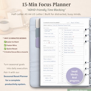 Agenda de blocage de temps de 15 minutes | Mise en page de la productivité quotidienne de Focus TDAH (téléchargement PDF)