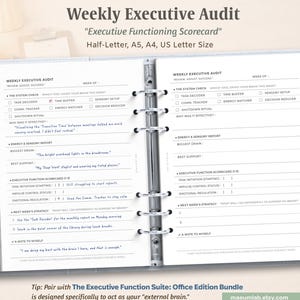 May include: A weekly executive audit planner with a white background. The planner is open, revealing detailed sections for tracking tasks, energy, and sensory reports. The text includes "Executive Functioning Scorecard" and "Half-Letter, A5, A4, US Letter Size."