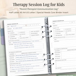 Puede incluir: Registro de sesión de terapia para niños con el texto "Therapy Session Log for Kids" y "Parent-Therapist Communication Log." El registro incluye secciones para la fecha, el terapeuta, el tipo de terapia, los objetivos, las actividades y las observaciones. El nombre de la tienda Etsy "maeumlab.etsy.com" es visible.