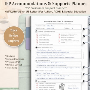 May include: An IEP Accommodations & Supports Planner printable PDF page with sections for student details, current accommodations, what is working well, needs adjustment, supports to discuss, and next review, featuring checkboxes and handwritten text.
