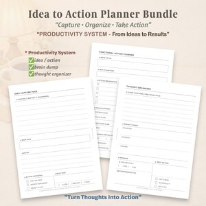 May include: A white paper productivity planner bundle featuring three distinct page layouts titled Idea Capture Page, Functional Action Planner, and Thought Organizer. The text includes Capture, Organize, Take Action, and Turn Thoughts Into Action.