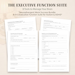 Könnte beinhalten: Das Bild zeigt die Executive Function Suite, ein 8-in-1-Bundle für Autismus und ADHS. Es sind mehrere weiße Arbeitsblätter mit Text zu sehen, darunter ein Kommunikationstracker, ein Mikro-Schritt-Decoder und ein Sensorik-Fokus-Setup. Der Text ist schwarz.