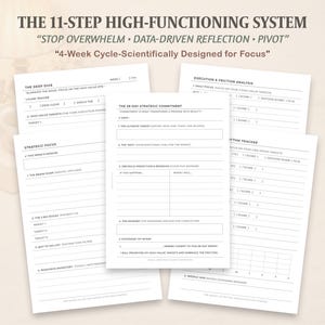 May include: A set of white paper sheets with printed text, designed for a high-functioning system. The title reads "THE 11-STEP HIGH-FUNCTIONING SYSTEM." The sheets include sections for deep dives, strategic focus, and a 28-day strategic commitment.