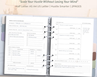 Veckovis affärsplanerare, intäktsspårare för extrajobb, målsättare för utbrändhet, direkt nedladdning (PDF)