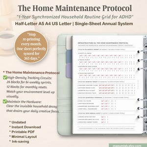 May include: A digital planner page titled The Home Maintenance Protocol, featuring a 1-year synchronized household routine grid. The document includes sections for bi-weekly sprints, monthly resets, quarterly overhauls, and semi-annual audits.