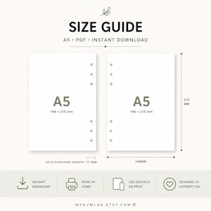 Puede incluir: Una gu&iacute;a de tama&ntilde;o A5 para insertos de papel, con dos p&aacute;ginas blancas con m&aacute;rgenes de seis perforaciones. El texto incluye SIZE GUIDE, A5, 148 x 210 mm, un margen de perforaci&oacute;n de 12,7 mm e iconos para descarga instant&aacute;nea e impresi&oacute;n.