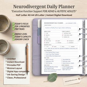 May include: A Neurodivergent Daily Planner digital template in a lavender binder. The page includes sections for Today's Focus, Energy Level, Today's Capacity, Sensory Check, Top 3 Priorities, Tiny Tasks, Wins Today, and Carry Forward.