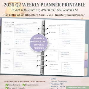 Agenda settimanale stampabile per il secondo trimestre 2026, stile minimalista, da aprile a giugno (download digitale)
