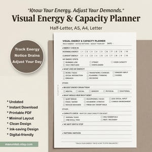 Può includere: Un foglio stampabile Visual Energy & Capacity Planner bianco con testo nero. Le sezioni includono Energy Check-In, My Energy State, What Used My Energy, Biggest Energy Drain Today, What Would Help Right Now e Capacity Check con caselle di controllo.