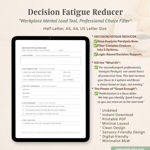 May include: A digital tablet displaying a Decision Fatigue Reducer worksheet with sections for a dilemma, binary filter, top three candidates, and a tie-breaker. The text includes headers like "Don't aim for perfect, aim for done" and "Final Decision."