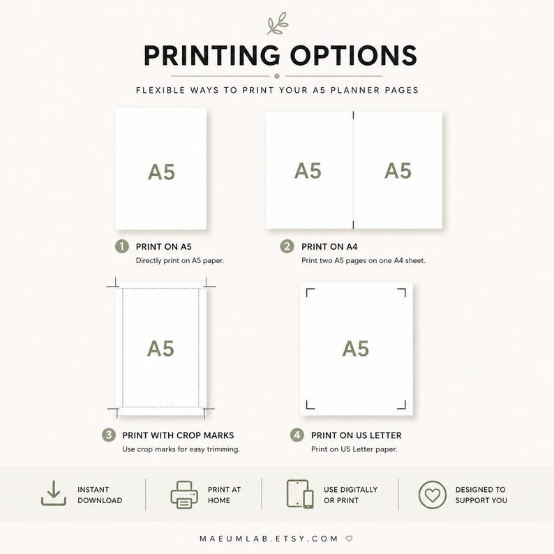 May include: An informational graphic titled PRINTING OPTIONS showing four methods for printing A5 planner pages. It illustrates printing on A5 paper, two A5 pages on A4, A5 with crop marks, and A5 on US Letter paper. Icons for download, print, digital use, and support are included.
