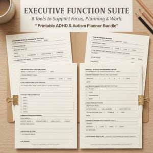 Puede incluir: Un paquete de planificador imprimible titulado Executive Function Suite con 8 herramientas para apoyar el enfoque, la planificación y el trabajo. Las páginas de color crema presentan texto negro, incluyendo secciones para seguimiento de comunicación, decodificación de tareas, gestión del tiempo y configuración del entorno sensorial.