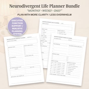 Könnte beinhalten: Ein Neurodivergent Life Planner Bundle mit Monats-, Wochen- und Tagesplanungsblättern. Die Seiten enthalten Abschnitte für Fokus, Energielevel, Gewohnheiten und Prioritäten sowie Textüberschriften wie Executive Function Support und Planning System.