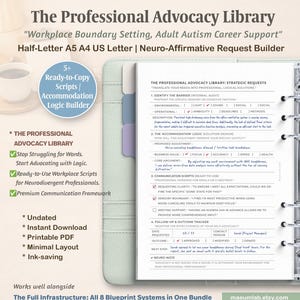 以下が含まれることがあります： 「The Professional Advocacy Library」と「Workplace Boundary Setting」の文字が入った、ターコイズ色のバインダー。スクリプト、宿泊ロジック、リクエストビルダーのセクションが含まれています。印刷可能なPDFとインスタントダウンロードが可能です。
