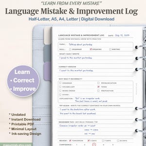 Puede incluir: Una página de planificador digital para registrar errores y mejoras lingüísticas con secciones para tema, habilidad, corrección, explicación y repaso. Incluye el texto Language Mistake & Improvement Log en la parte superior.