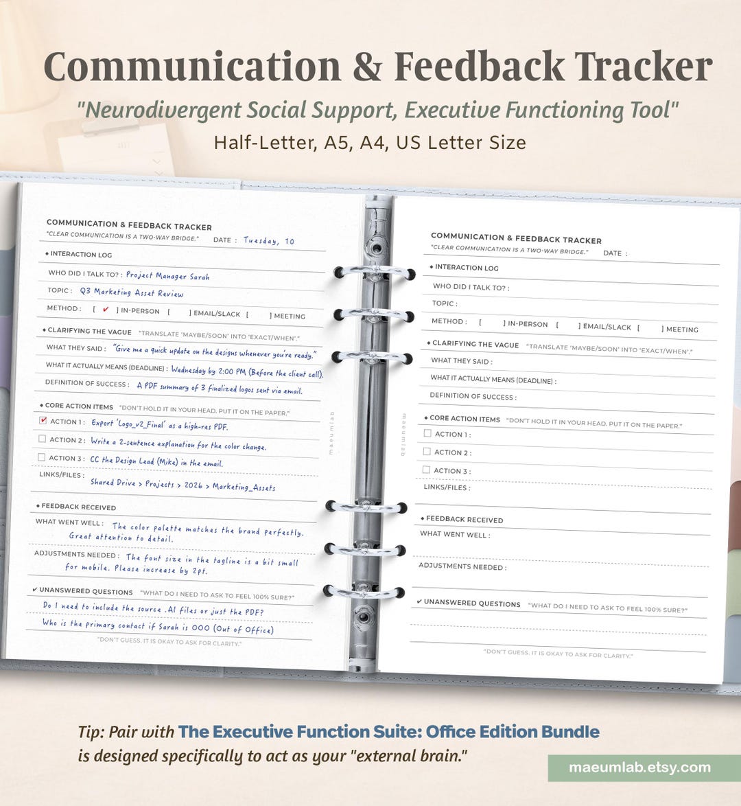 Autistic Log Workplace Communication Log for Autistic Adults, Feedback Tracker ...