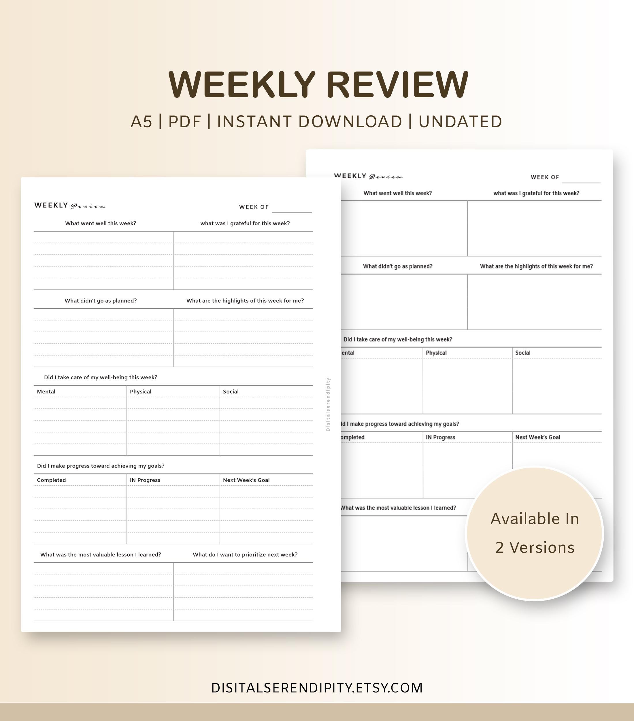 Printable A5 Weekly Review Planner Template/reflection Insert Agenda ...
