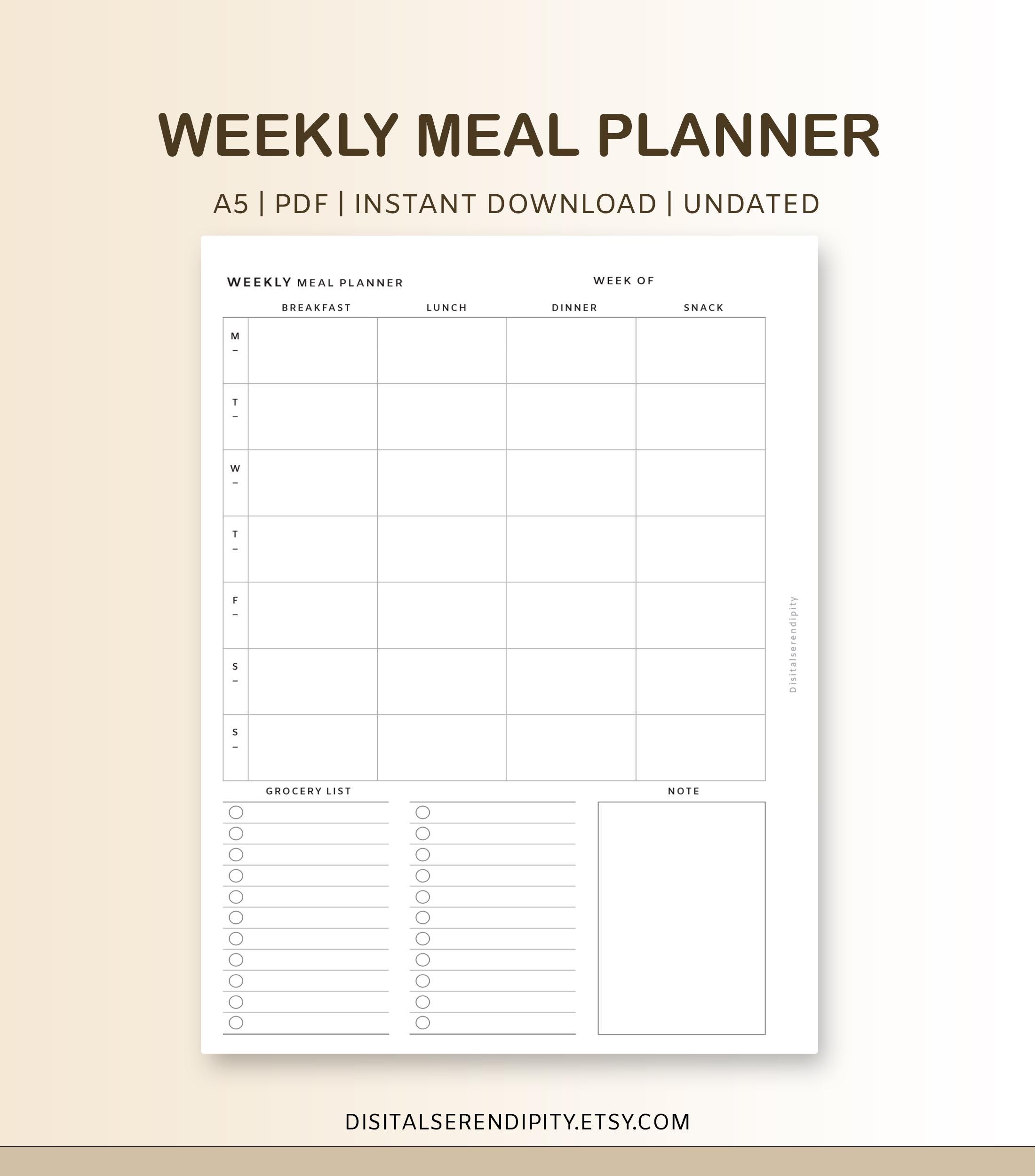 Weekly Meal Planner: A5 Printable Template (fillable PDF) - Etsy