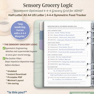 May include: A printable grocery tracker planner insert titled Sensory Grocery Logic, featuring a 4-4-4 symmetric food grid, categorized zones for fresh, pantry, and household items, and a cashier filter checklist, presented in a light green binder.