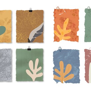 May include: Eight digital printable art prints with abstract leaf designs on textured backgrounds. The prints are in various colors, including yellow, orange, green, blue, and brown.