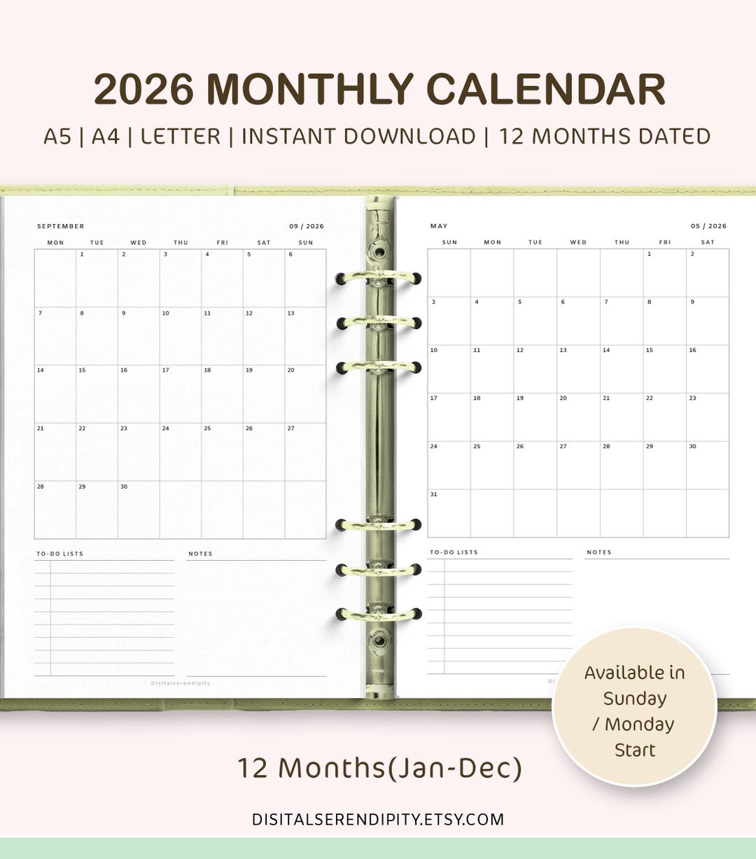 2026 Monthly Calendar Planner: A5 A4 Letter Size (printable PDF) - Etsy