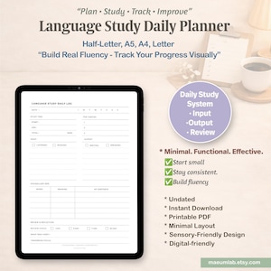 Puede incluir: Un planificador diario de estudio de idiomas digital en una pantalla de tableta. El dise&ntilde;o incluye secciones para fecha, tiempo de estudio, objetivos, entrada, salida, vocabulario y revisi&oacute;n. El texto incluye Plan, Study, Track, Improve.