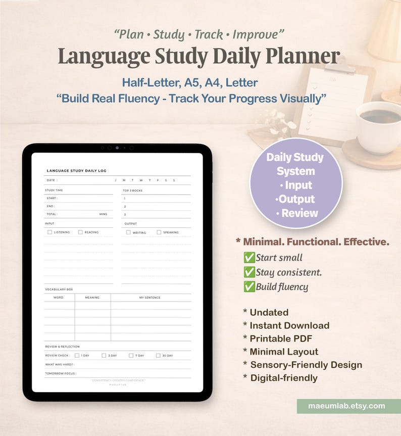 Puede incluir: Un planificador diario de estudio de idiomas digital en una pantalla de tableta. El dise&ntilde;o incluye secciones para fecha, tiempo de estudio, objetivos, entrada, salida, vocabulario y revisi&oacute;n. El texto incluye Plan, Study, Track, Improve.