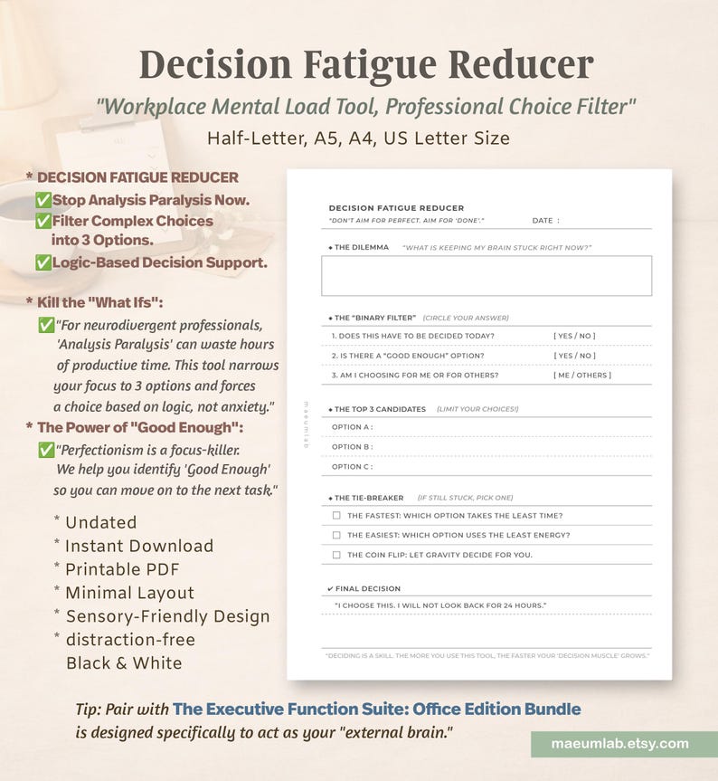 May include: A white printable Decision Fatigue Reducer worksheet with black text. The form includes sections for a dilemma, a binary filter with yes or no questions, a top three candidates list, tie-breaker checkboxes, and a final decision line.