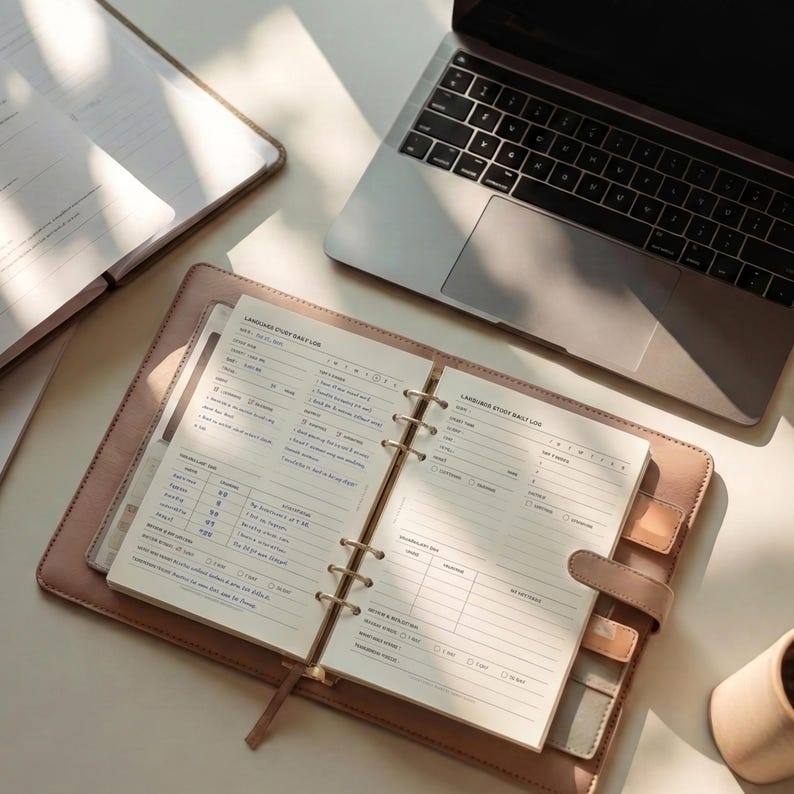 Puede incluir: Una agenda de anillas de cuero rosa claro abierta en una p&aacute;gina de registro diario de estudio de idiomas con texto impreso, que incluye secciones para fecha, vocabulario y notas gramaticales, junto a un port&aacute;til plateado y un cuaderno.