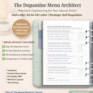 May include: A printable planner page titled "The Dopamine Menu Architect" with a list of activities for self-regulation. The page includes sections for starters, mains, sides, and desserts, with checkboxes. The planner is designed for strategic self-regulation.