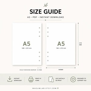May include: A digital A5 size guide for paper inserts, featuring two white pages with six-hole punch margins. Text includes SIZE GUIDE, A5, 148 x 210 mm, 12.7 mm hole punching margin, and icons for instant download, print at home, and digital use.