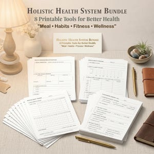 May include: A Holistic Health System Bundle featuring 8 printable tools for better health, including meal, habits, fitness, and wellness trackers. The set includes multiple white paper sheets with black text, a gold pen, and a brown leather journal.