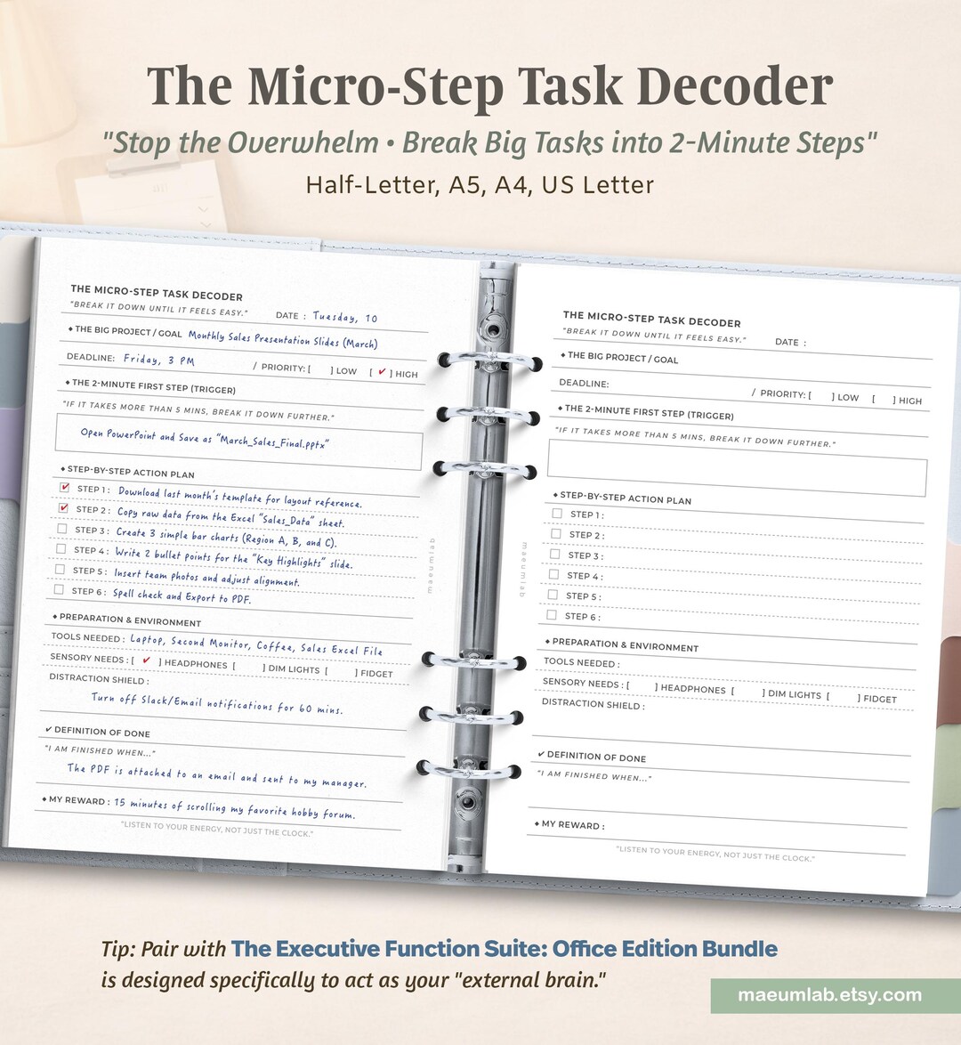 Micro 1 Tasking Micro-step Task Decoder, Executive Functioning Tool (A5 B&W Printable ...
