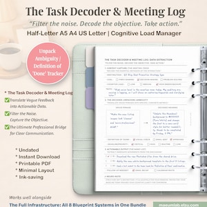 May include: A planner page with the title "The Task Decoder & Meeting Log." The page includes sections for context capture, decoding vague phrases, and actionable output. The planner is designed to help filter noise and decode objectives. The page is printed on white paper.