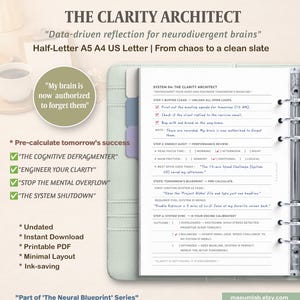 May include: A planner page titled "THE CLARITY ARCHITECT" with the text "Data-driven reflection for neurodivergent brains." The page includes checklists, notes, and the phrase "My brain is now authorised to forget them."