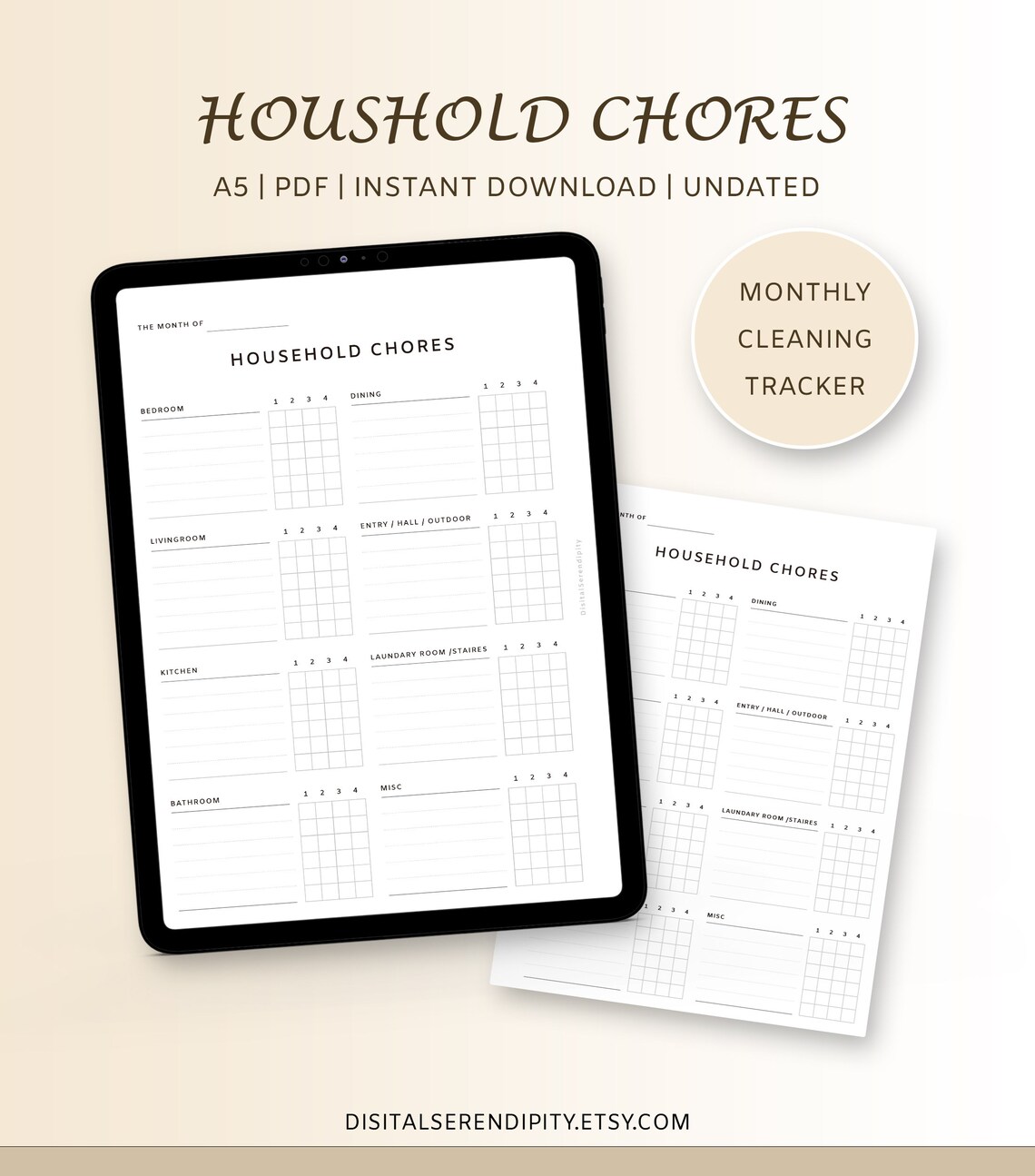 A5 Printable Household Chores Tracker/ Monthly Template/ Cleaning ...